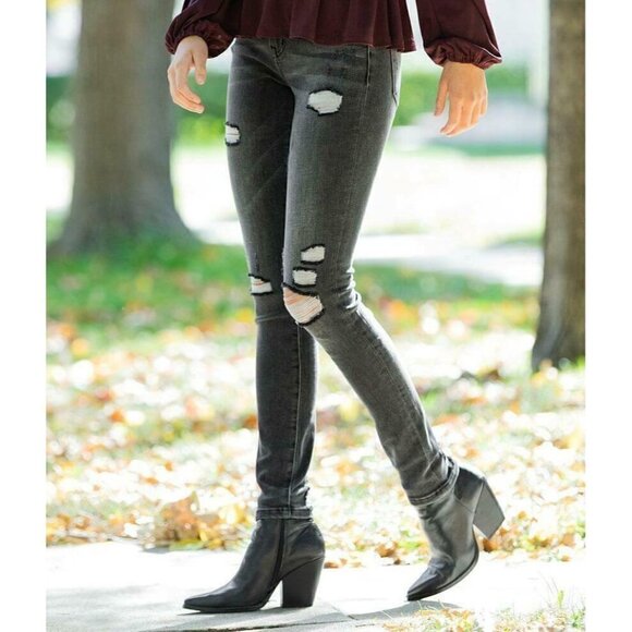 BRIDGE BY GLY Women's Black Destruct Denim Mid-Rise Skinny Stretch Jeans - Picture 1 of 12